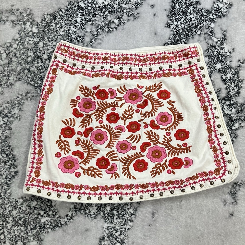 Spell Embroidered Floral Mini Skirt White Pink Studded Boho Festival Size Large‎